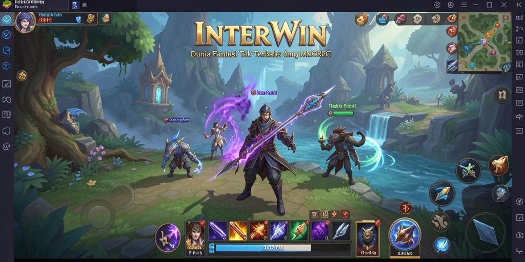 Tangkapan layar gameplay INTERWIN yang menampilkan pertempuran epik di dunia fantasi.