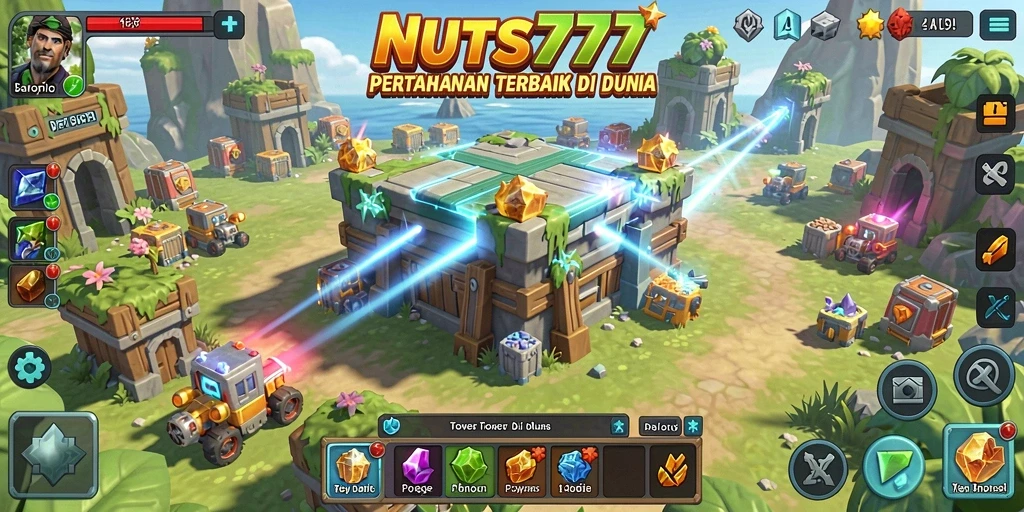 Tampilan gameplay NUTS777 dengan pertahanan menara yang strategis.