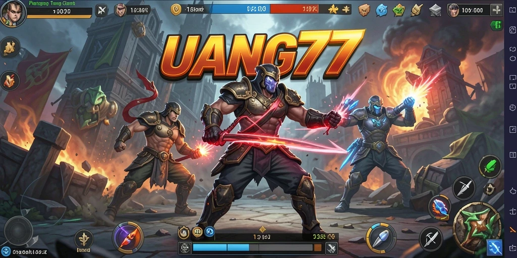 Gameplay UANG77 menampilkan pertarungan seru antar karakter dalam arena.